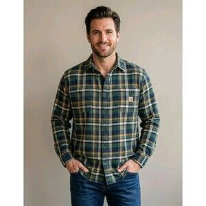 Men’s Carhartt Relaxed Fit Plaid Flannel Shirt Green Navy Size XL